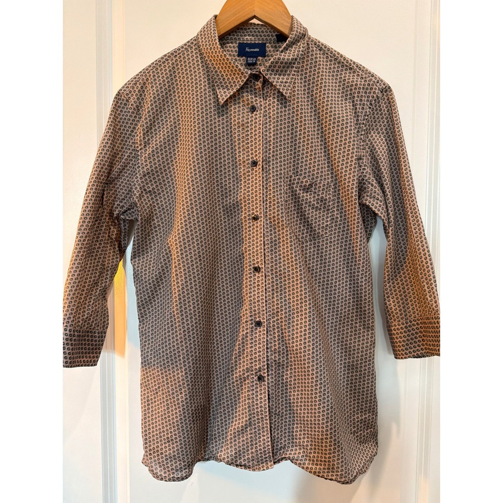 Faconnable Womens 12 Cotton Button Down Shirt 3/4 Sleeve Geometric Print Brown